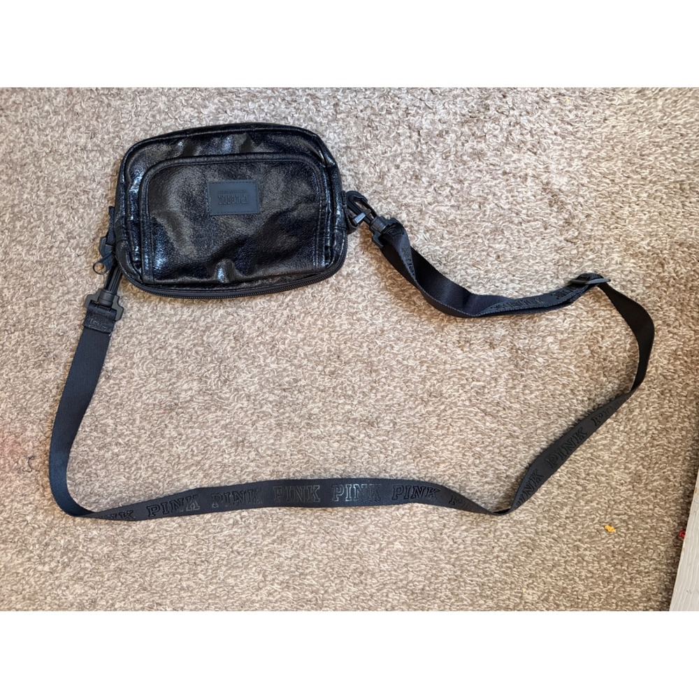 Victoria's Secret PINK Black Crinkle Faux Leather Logo Crossbody Bag